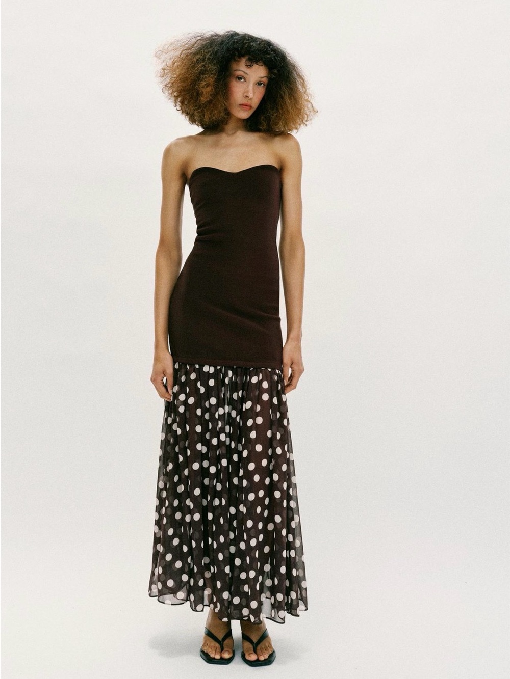 ZARA Strapless Brown Polka Dot Maxi Skirt Dress